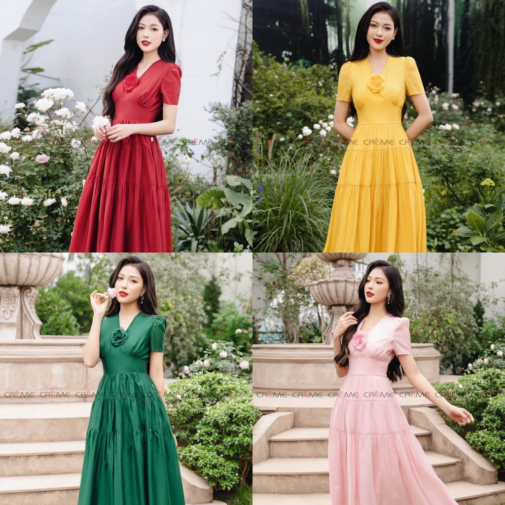 ĐẦM LIỀN CÔNG SỞ CAO CẤP, CỔ V DÁNG XÒE, PHONG CÁCH TIỂU THƯ HÀN QUỐC TRẺ TRUNG,  THIẾT KẾ CREME DL3012 | BigBuy360 - bigbuy360.vn
