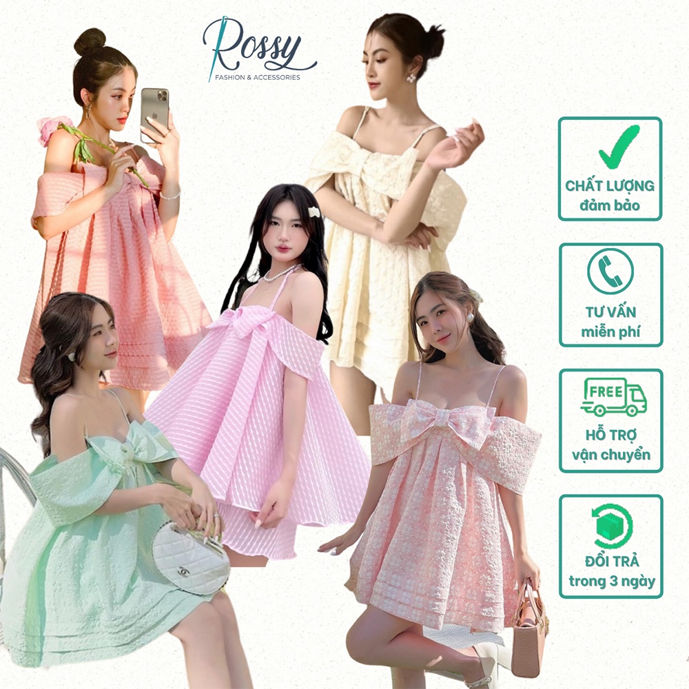 HÀNG CÓ SẴN Đầm 2 dây suông dáng babydoll hồng nơ ngực Rossy Fashion - SR210