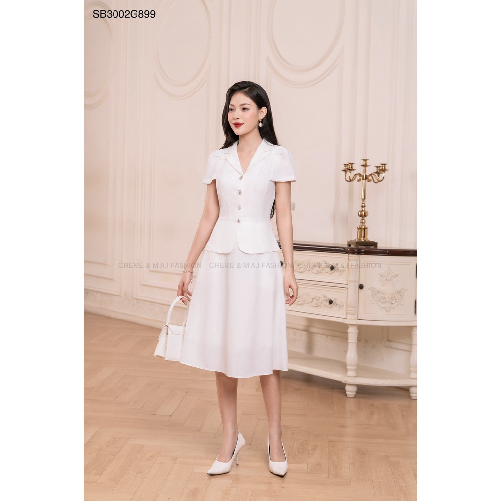 SET BỘ KÍ GIẢ CÔNG SỞ CỔ VEST TAY NGẮN DÁNG XÒE THIẾT KẾ CREME SB3002 | BigBuy360 - bigbuy360.vn