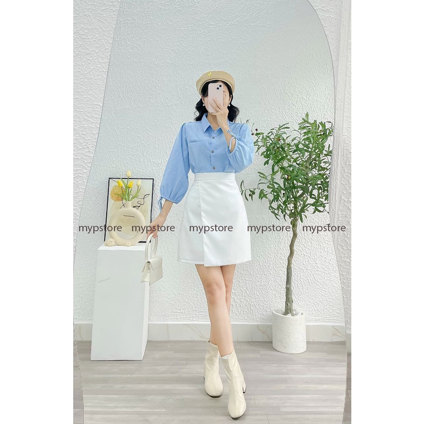 Áo sơ mi tay phồng cột nơ mypstore A49
