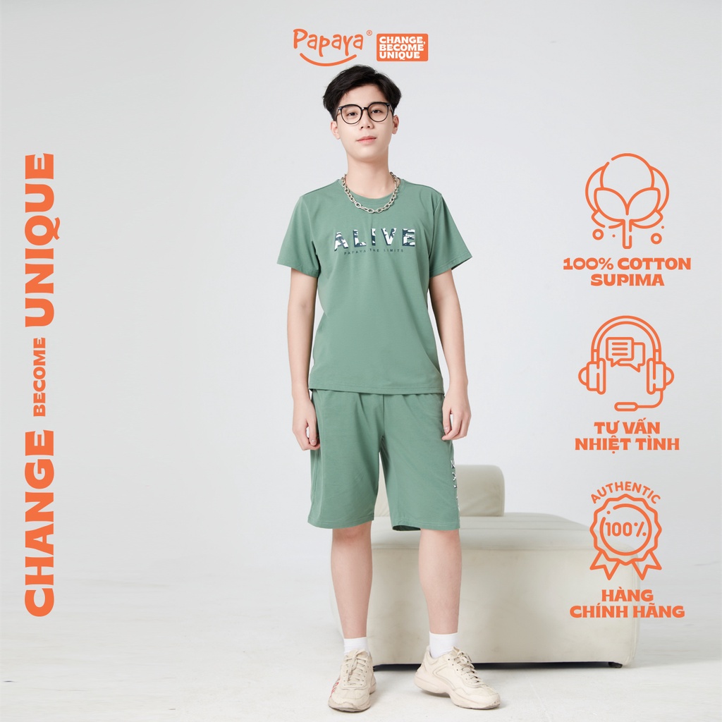 Set Bộ Thể Thao Cotton Thun, Bộ Mặc Ở Nhà Mùa Hè Áo Cộc Tay Quần Đùi Papaya Nam Size 11-15 Tuổi