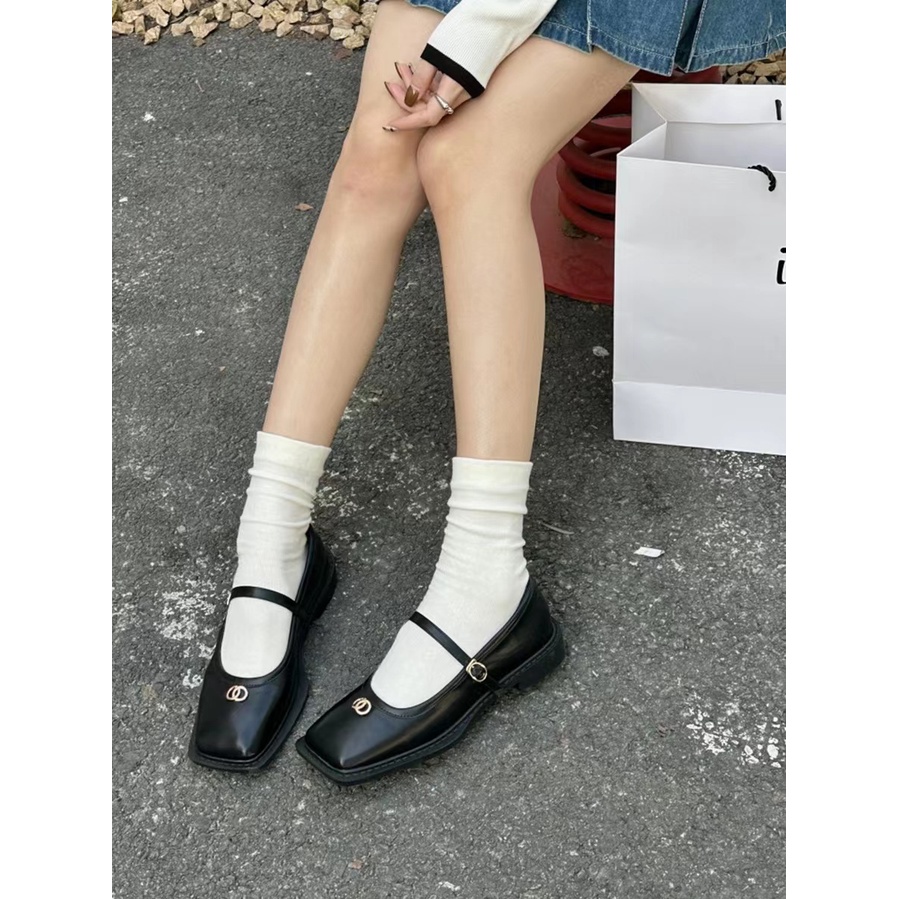 Giày Búp Bê Da Cao Cấp Mũi Vuông Miệng Nông Kiểu Retro Pháp Thời Trang 2023 Cho Nữ