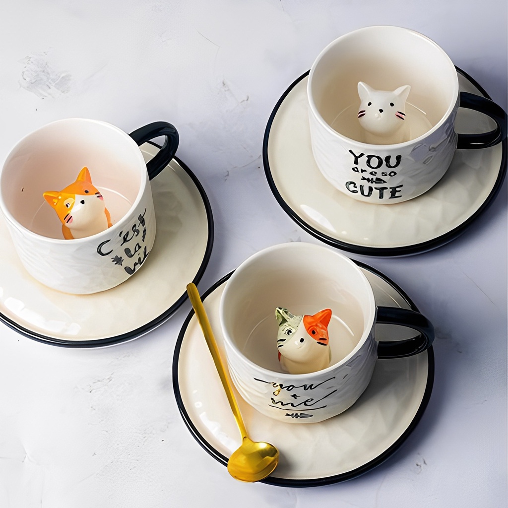Ly sứ uống nước, Cốc uông nước, Quà lưu niệm, cute họa tiết mèo đáng yêu,kèm đế