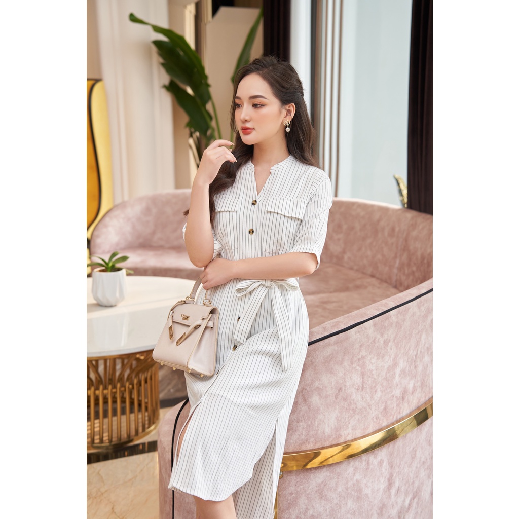 Đầm sơ mi linen kẻ Lalastyle