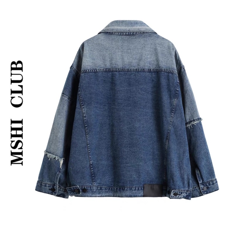 Áo khoác denim phối màu tương phản dáng rộng thời trang xuân thu cho nam nữ