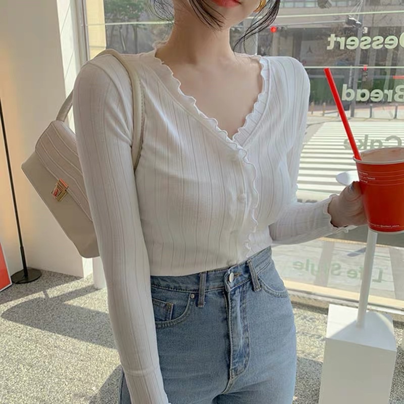 Áo Croptop tay dài phối viền bèo sang quyến rũ Pipy store, kiểu cổ v cuộn viền gợn sóng chất gân cotton mềm A5-1