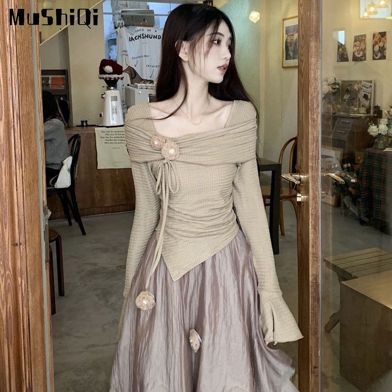 Mushiqi Bộ Áo Khoác Dáng Dài Phối Chân Váy Dài Lệch Tà Kiểu Pháp Thời Trang Cao Cấp Cho Nữ