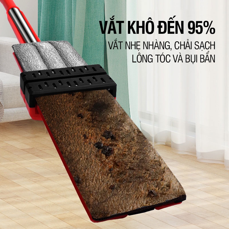 Cây lau nhà tự vắt Kitimop-RedMax bàn lau lớn 45cm, hệ thống vắt kép, thanh thép chống gỉ, khớp xoay 360 độ, 2 bông lau