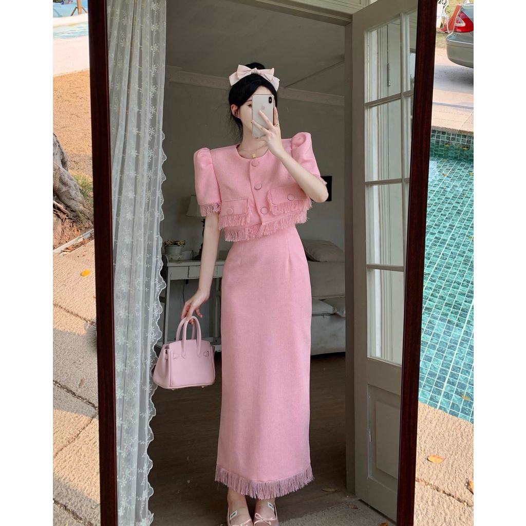 Set Áo Váy Cộc Tay Bồng Thiết Kế Tua Rua Phong Cách Vest Công Sở Điệu Đà Chân Váy Suông Dài 3 Màu Hồng Đen Xám Hàng QCCC