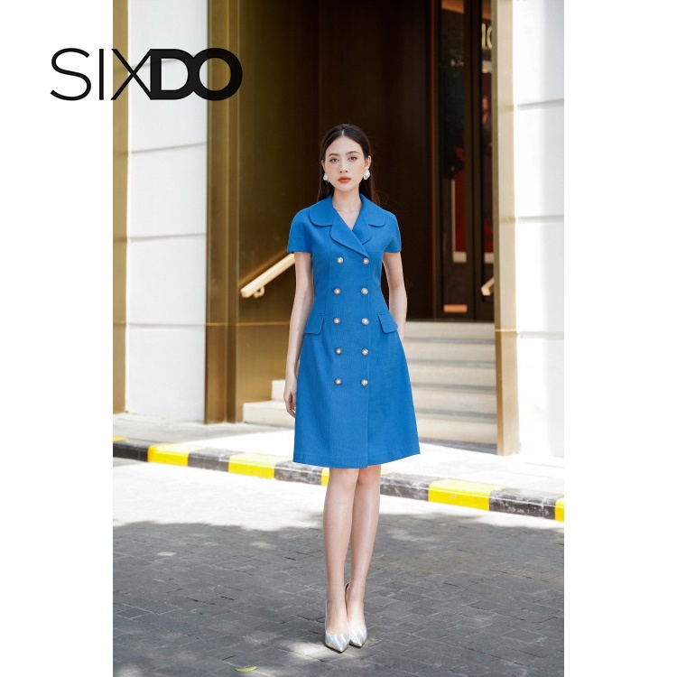 Đầm midi thô phối cúc thời trang SIXDO (Blue Midi Raw Coat Dress)