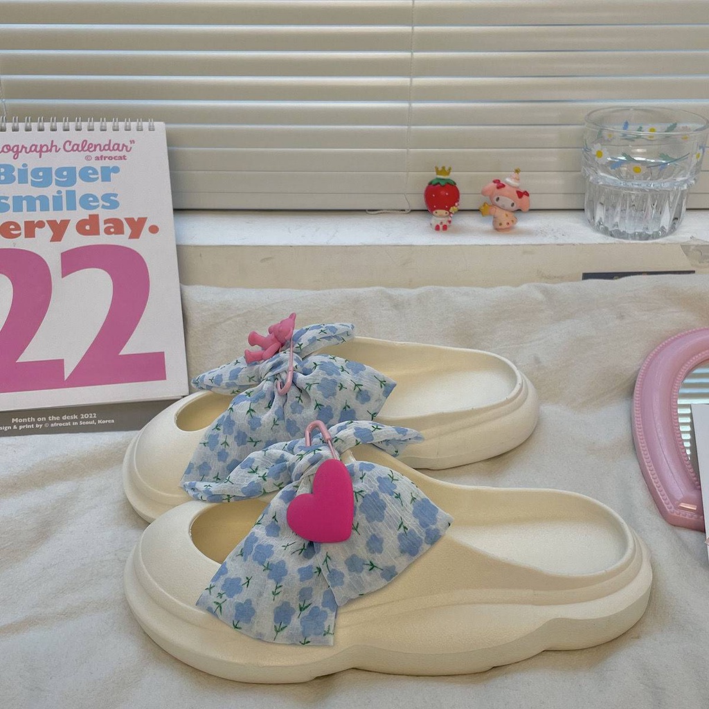 Dép bánh mì mùa hè dễ thương nơ mặc bên ngoài đế dày