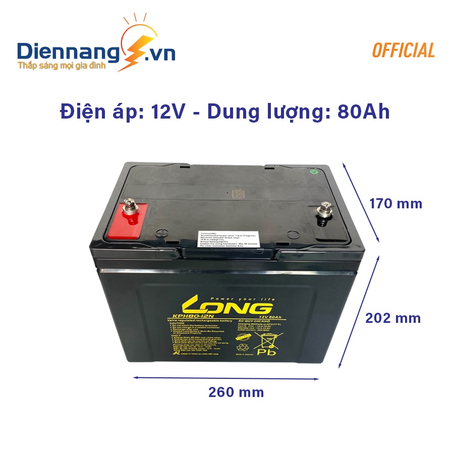 Ắc quy Long KPH80-12N , ắc quy cho UPS, Inverter, xe điện, lưu điện dự phòng v.v chính hãng, bảo hành 12 tháng