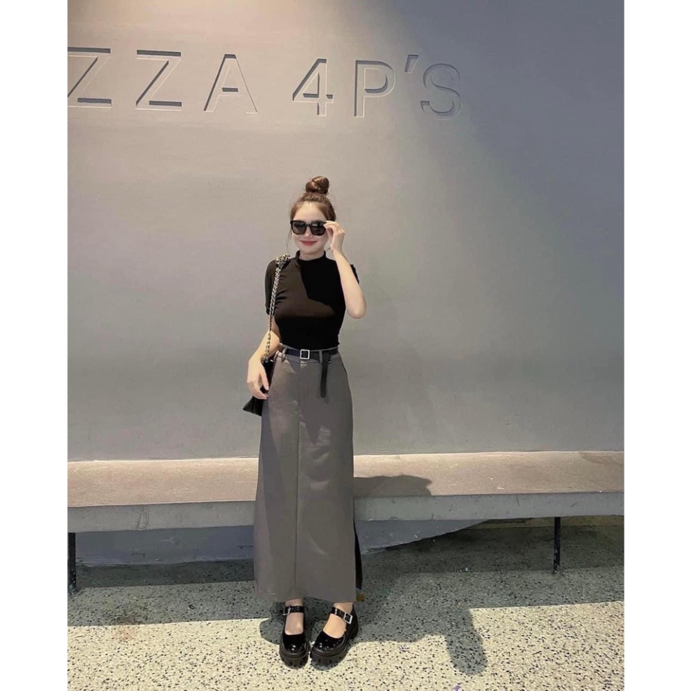 Set Áo Đen Mix Chân Váy Xám Dáng Dài, Xẻ 1 Bên Siêu Hót