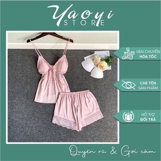 Bộ ngủ lụa 2 dây có nút ngực phối ren sexy quyến rũ gợi cảm mặc nhà đồ ngủ xinh