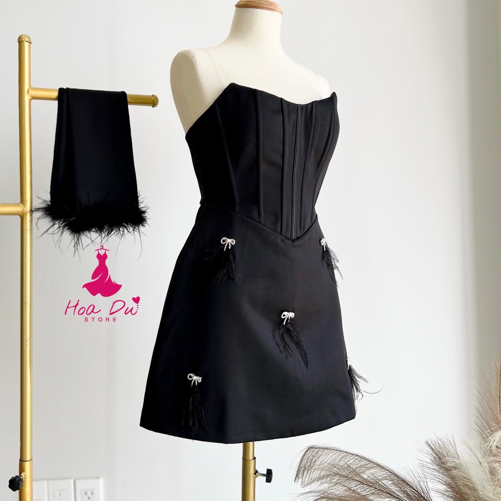 Đầm Corset cúp ngực kết đá tặng bao tay đính lông vũ xoè cho nàng đi tiệc sang chảnh