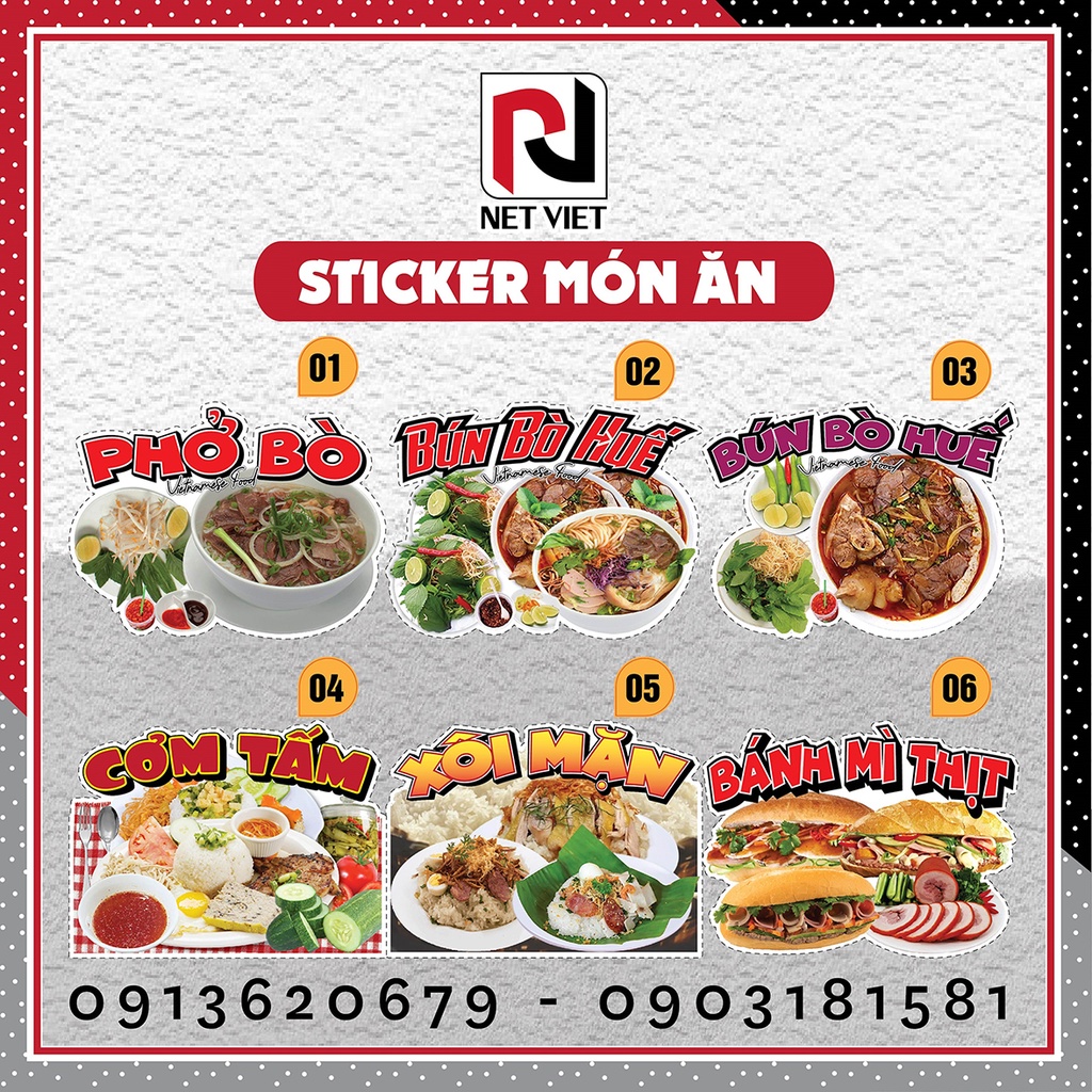 Sticker Bánh mì, bún bò huế, phở bò, cơm tấm, xôi mặn Khổ lớn chống nước, decal trang trí quán, decor, dán tường, kính