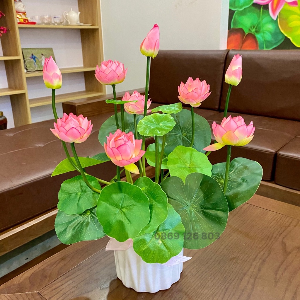 Hoa giả cắm sẵn - Chậu hoa sen giả cao cấp kèm bình sứ trang trí phòng khách, phòng ngủ, bàn trà.