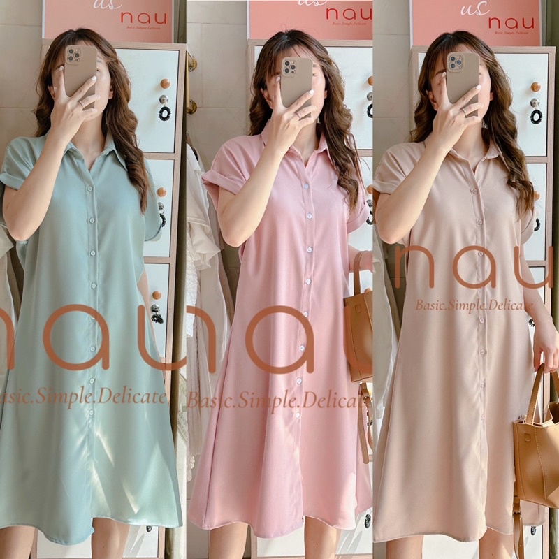 Đầm suông sơ mi tay xắn ulzzang