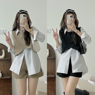 Áo sơmi kẻ kèm gile lửng phối vạt chéo