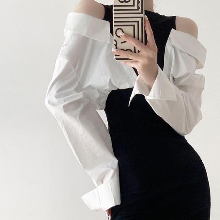 Đầm Tay Dài Somi Hở Vai Phối Màu Khối Thời Trang Dành Cho Nữ