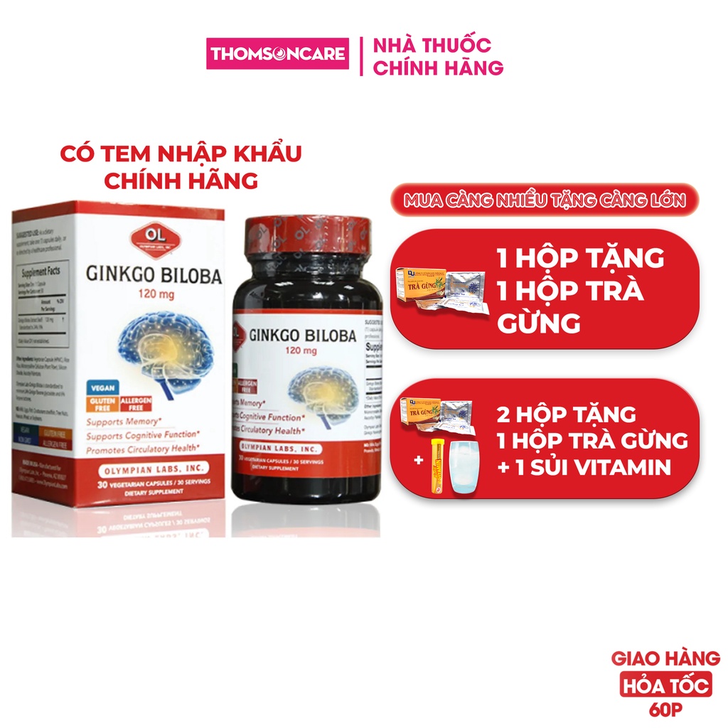 Bổ não Ginkgo Biloba 120mg của Olympian Labs nhập khẩu từ Mỹ, tăng trí nhớ, hoạt huyết tuần hoàn não Hộp 30 viên