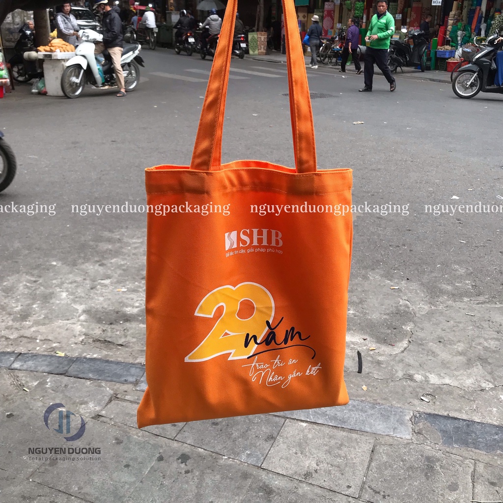 (1 cái) Túi vải bố canvas in SHB May quai xách rời Màu cam dày dặn kích thước 33x37