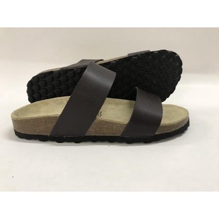 Dép unisex 2 quai da pu nâu đế trấu handmade
