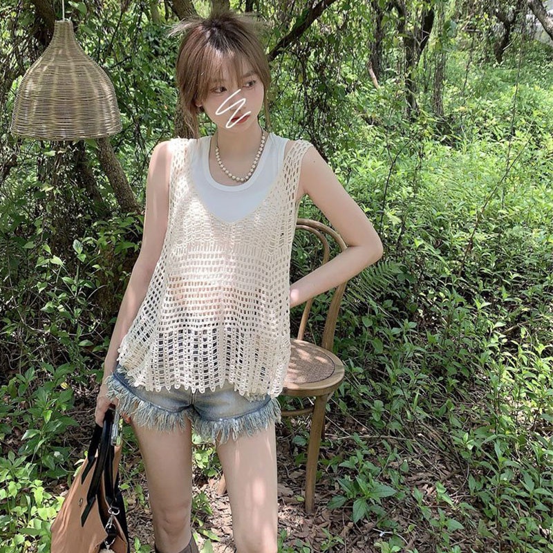 Áo Hai Dây Dệt Kim Khoét Lỗ Họa Tiết Hoa Phong Cách Hàn Quốc Mới Cho Nữ