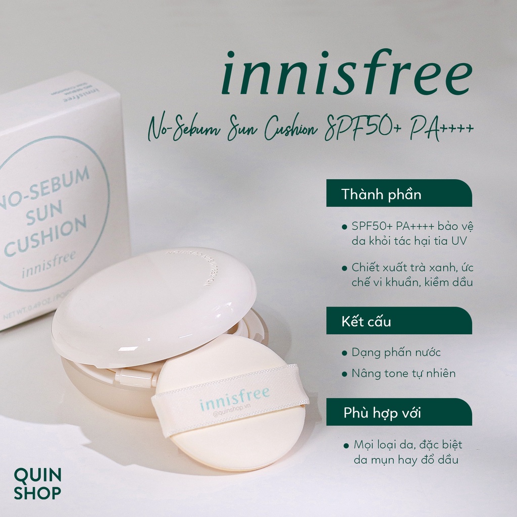 Phấn Nước Kiềm Dầu, Chống Nắng Innisfree No-Sebum Powder Cushion SPF29 PA++, Sun Cushion SPF50+ PA++++