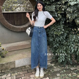 Chân váy jean dáng dài xẻ tà chân váy bò nữ cạp cao