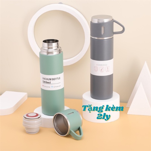 Set Bình Giữ Nhiệt + 2 Ly Cách Nhiệt Vacuum Flask 500ml Inox Cao Cấp