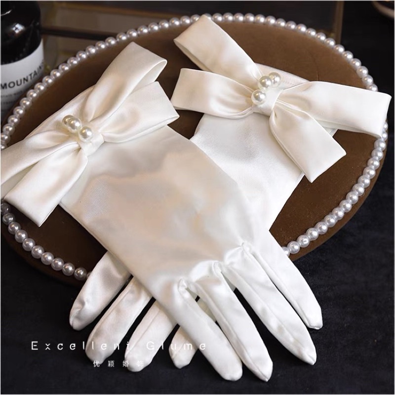 Găng tay thun satin nơ kép đính ngọc bao tay cô dâu