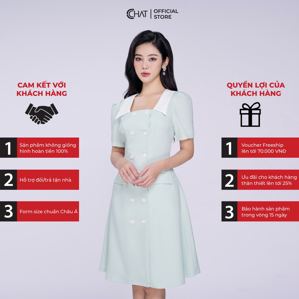 Đầm Nữ 𝐂𝐂𝐇𝐀𝐓 Kiểu Cổ Vuông 2 Hàng Khuy Chất Tuytsi Cao Cấp 53VNS8005XT