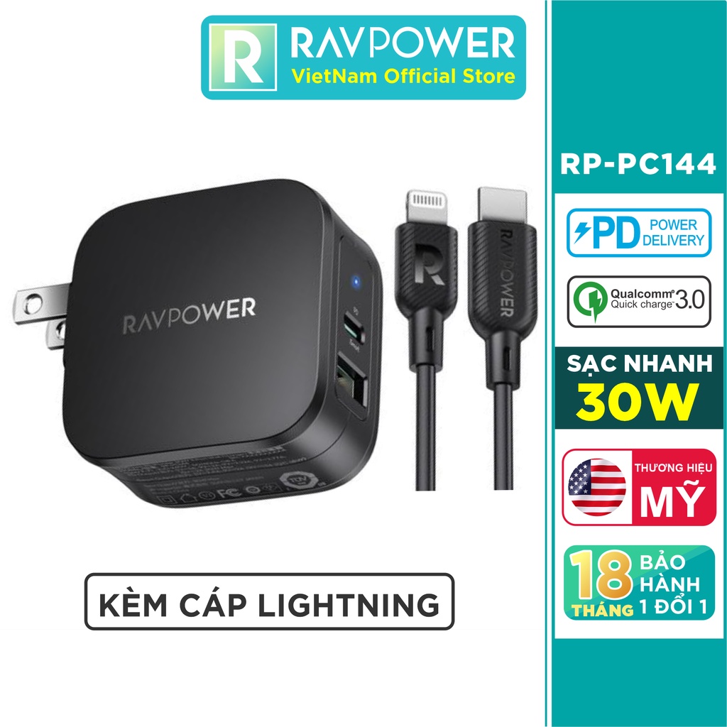 Bộ Củ Sạc Nhanh RAVPower RP-PC144 Cáp Type-C to Lightning MFI 30W Sạc Nhanh iPhone, iPad - Hàng Chính Hãng