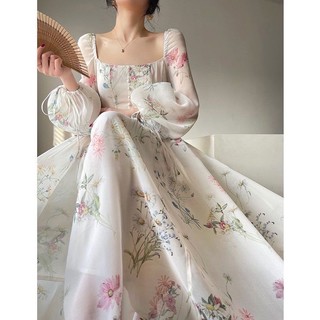 Váy voan cổ vuông màu trắng phối hoạ tiết, váy tiểu thư cổ vuông tay bồng dáng dài phong cách Hàn quốc