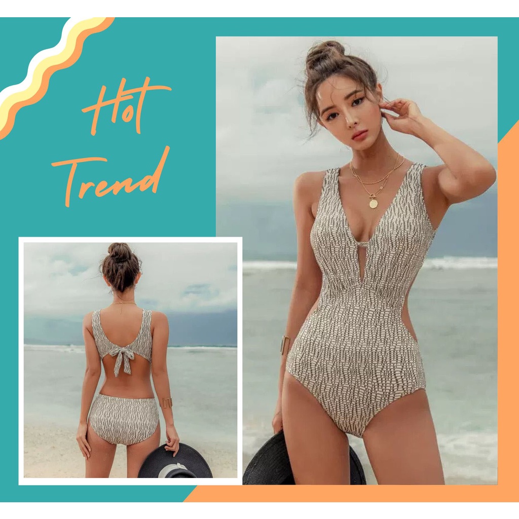 Set Bikini, Đồ Bơi Đi Biển Liền Mảnh Khoét Ngực Phối Vân Đen Trắng New Linh Bikini