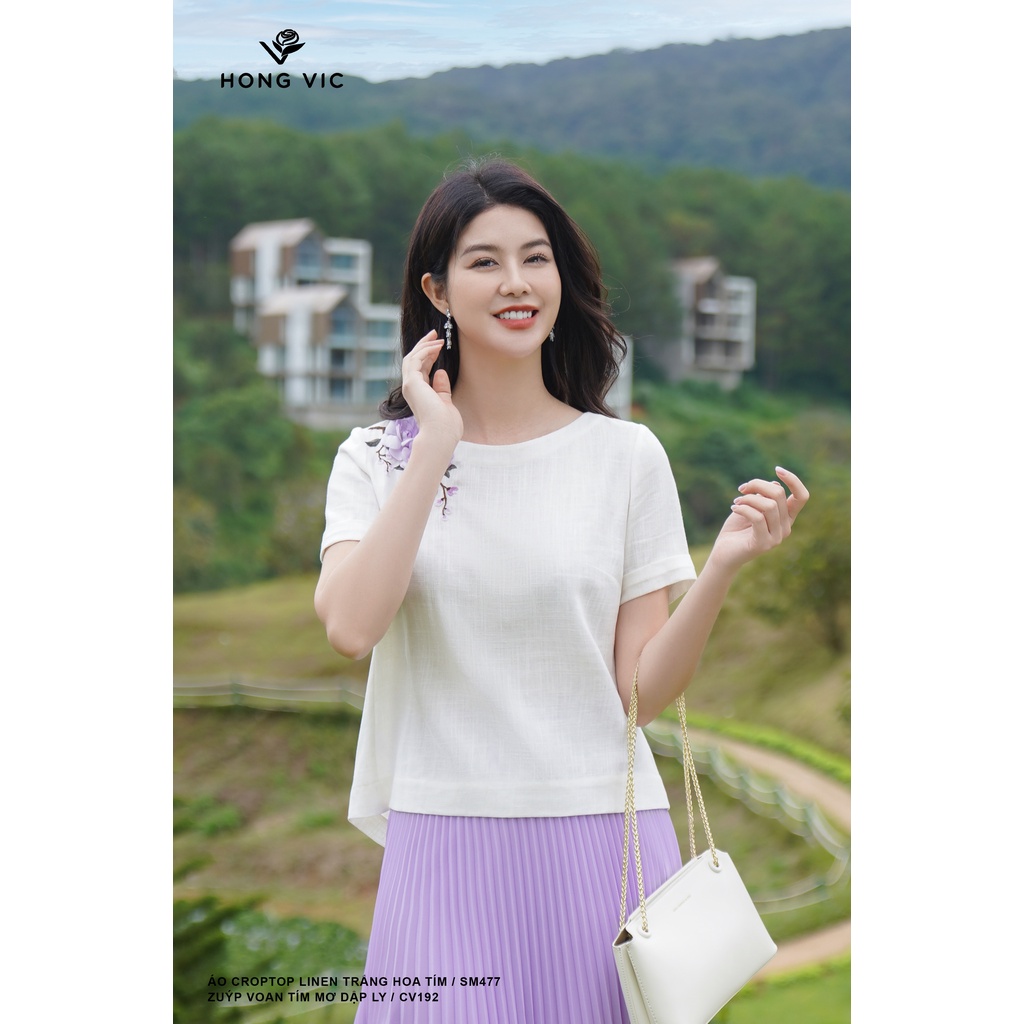 Áo croptop nữ thiết kế Hong Vic linen trắng hoa tím SM477