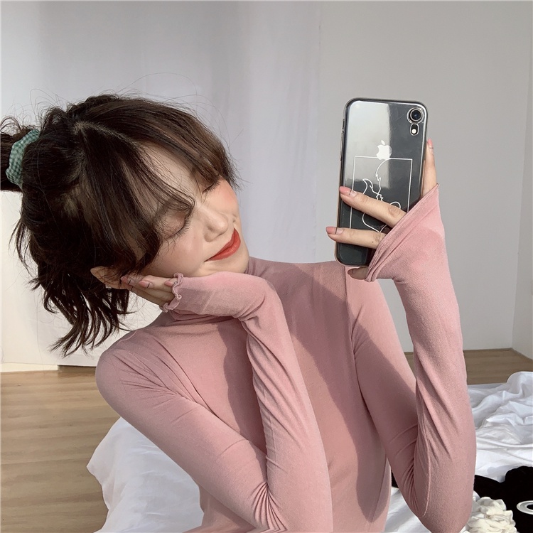 Áo Thun Tay Dài Cổ Cao Màu Sắc Đơn Giản Cho Nữ