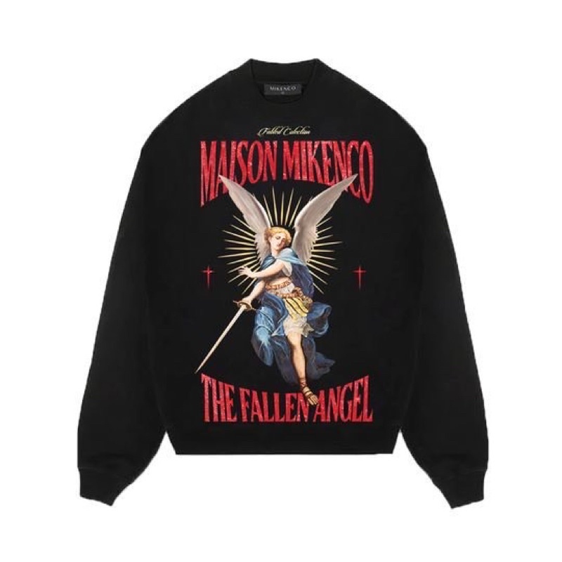 Áo nỉ sweater cổ tròn màu đen in thiên thần cầm kiếm maison mikenco