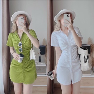 Váy sơ mi nữ cộc tay nhúm ngực, đầm dáng ngắn dáng ôm body cá tính