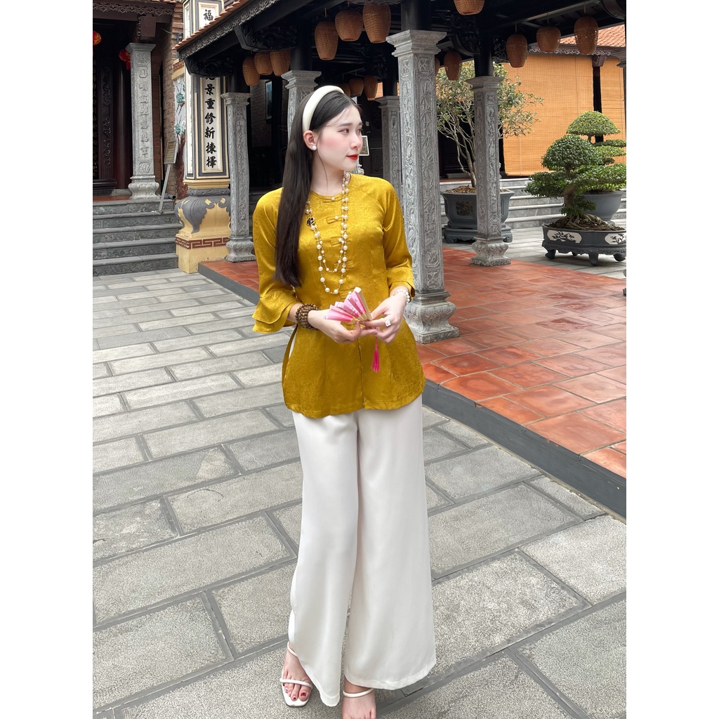Đồ Lam Đi Chùa Nữ - Bộ áo gấm tay loe  Không Nhăn, Không Bai Giãn, Không Phai Màu