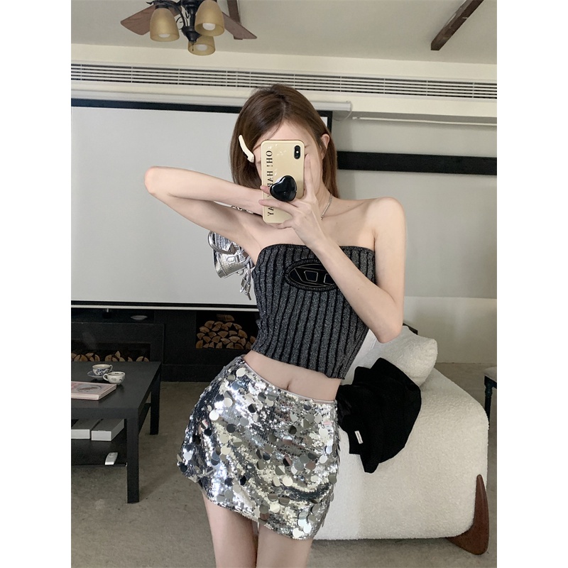QADCOL Bộ Áo Dệt Kim Ôm Dáng Phối Chân Váy Lưng Cao Đính Kim Sa Lấp Lánh Quyến Rũ Cho Nữ