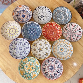 Đĩa sứ tròn - đĩa gia vị 8cm họa tiết thổ cẩm decor bàn ăn đẹp dễ thương