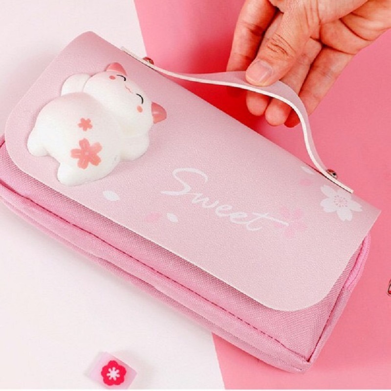 Túi Đựng Bút Hai Ngăn Sức Chứa Lớn Bằng Vải Bố Dễ ThươngHộp Đựng Bút Gắn Thú Mềm Phiên Bản Hàn Quốc cỡ lớn