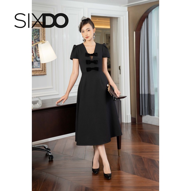 Đầm cổ V phối nơ ngực thời trang SIXDO