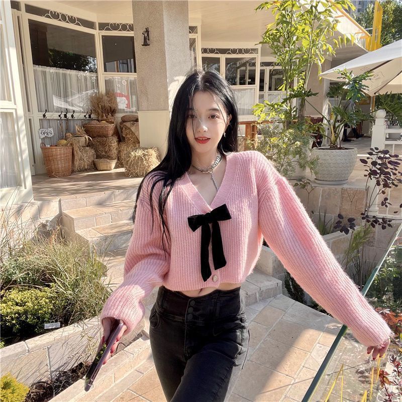 Áo Cardigan Dệt Kim Tay Dài Cổ Chữ V Thắt Nơ Eo Xinh Xắn