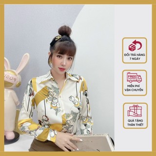 Áo sơ mi nữ lụa hoạ tiết hoa vàng phối xanh