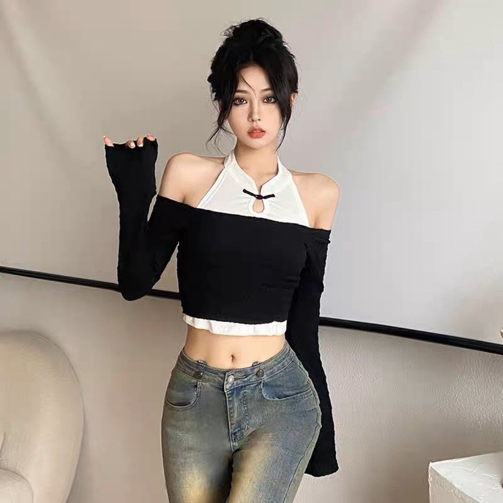 Áo thun kiểu croptop tay dài phối cổ yếm phong cách cá tính xinh xắn 644 FIORI STORE