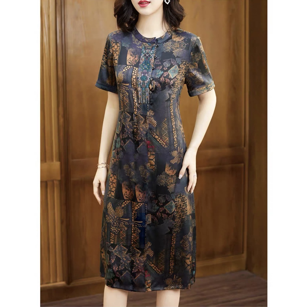 Đầm lụa cao cấp dáng suông cho nữ trung niên thời trang U50 U60 U70, thời trang trung niên sully cao