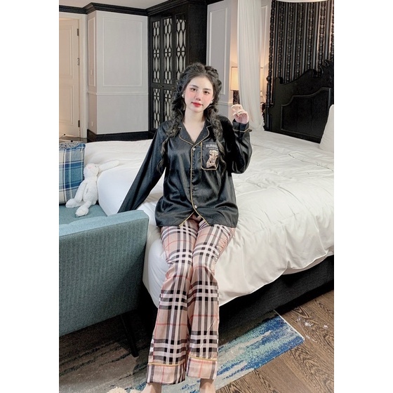 Siêu phẩm đồ bộ ngủ pijama mặc nhà xước mềm mại dài tay GẤU BBR ĐEN